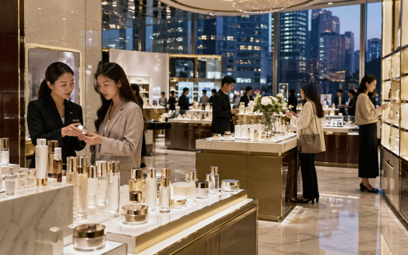 Representative image of a premium beauty retail counter in China, reflecting renewed investor focus on selective skincare and cosmetics demand as L’Oréal, Estée Lauder, Shiseido and SK-II signal an uneven but important rebound in the China luxury beauty market.