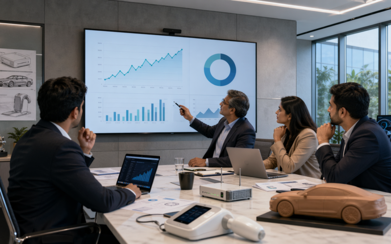 Representative image of a technology-led engineering services team reviewing growth, margins, and product innovation, reflecting the themes behind Tata Elxsi Limited’s Q4 FY26 results, deal momentum, and valuation debate.