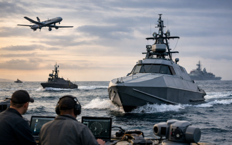 Representative image of unmanned surface vessels and naval autonomy operations, illustrating how the United States Navy’s shift from the cancelled MASC programme to the new MUSV marketplace could reshape competition for Magnet Defense, Saronic Technologies, Anduril Industries, and Blue Water Autonomy.
