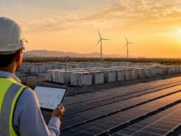 Representative image: A large-scale renewable energy site with solar panels, battery storage units and wind turbines illustrates how ACME Solar Holdings Limited’s FY26 growth story is increasingly tied to BESS capacity, FDRE projects and India’s clean energy infrastructure buildout.