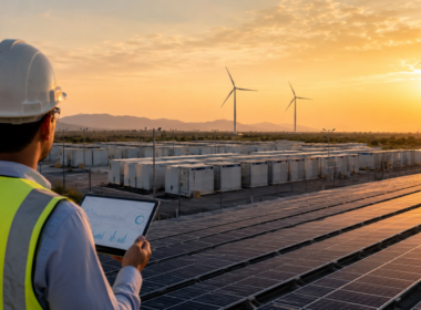 Representative image: A large-scale renewable energy site with solar panels, battery storage units and wind turbines illustrates how ACME Solar Holdings Limited’s FY26 growth story is increasingly tied to BESS capacity, FDRE projects and India’s clean energy infrastructure buildout.