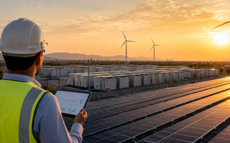 Representative image: A large-scale renewable energy site with solar panels, battery storage units and wind turbines illustrates how ACME Solar Holdings Limited’s FY26 growth story is increasingly tied to BESS capacity, FDRE projects and India’s clean energy infrastructure buildout.