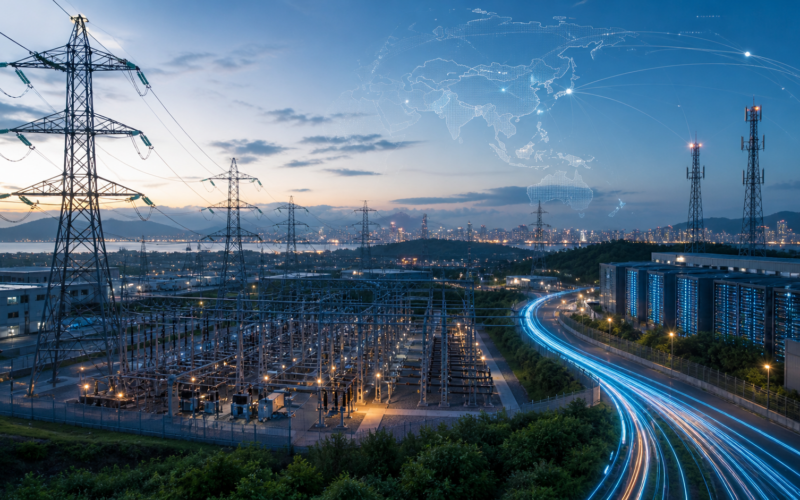 Representative image: High-voltage power grids, data centres and digital network links illustrate Asian Development Bank’s $70 billion Asia-Pacific infrastructure plan to expand clean energy transmission, broadband access and AI-ready connectivity across the region.