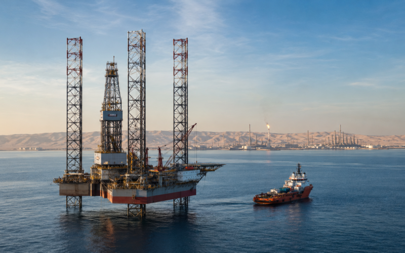 Representative image of an offshore jack-up drilling rig and support vessel in Gulf waters, reflecting ADNOC Drilling’s record Q1 2026 performance, strong rig utilisation, integrated oilfield services growth, and expanding regional energy platform.