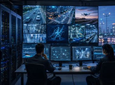 Representative image of an AI data infrastructure control room showing how Robo.ai’s Neurovia acquisition could support video compression, edge processing, smart city networks, autonomous vehicles, drones, and physical AI systems in the emerging machine economy.