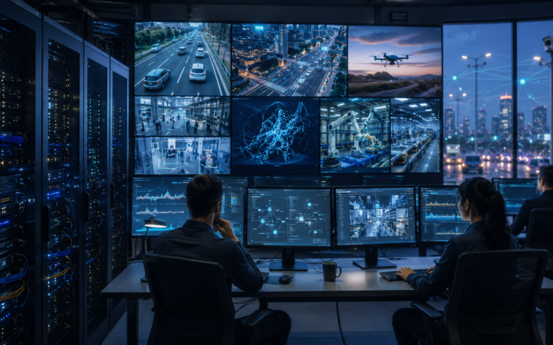 Representative image of an AI data infrastructure control room showing how Robo.ai’s Neurovia acquisition could support video compression, edge processing, smart city networks, autonomous vehicles, drones, and physical AI systems in the emerging machine economy.