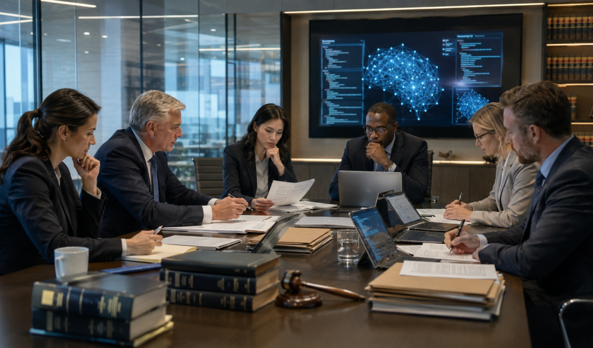 Representative image: Legal and technology advisers review AI governance documents in a corporate boardroom, illustrating OpenAI’s expanding Big Law network as lawsuits, copyright disputes and IPO readiness reshape the artificial intelligence sector.