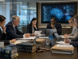 Representative image: Legal and technology advisers review AI governance documents in a corporate boardroom, illustrating OpenAI’s expanding Big Law network as lawsuits, copyright disputes and IPO readiness reshape the artificial intelligence sector.