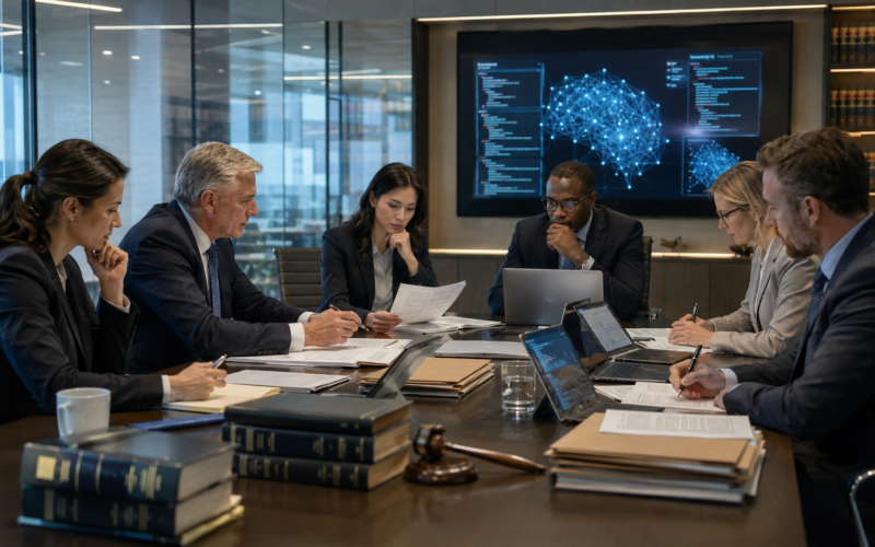 Representative image: Legal and technology advisers review AI governance documents in a corporate boardroom, illustrating OpenAI’s expanding Big Law network as lawsuits, copyright disputes and IPO readiness reshape the artificial intelligence sector.