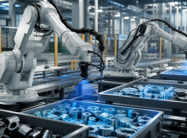 Representative image of AI-powered industrial robots using machine vision to identify and handle complex parts, reflecting Zebra Technologies’ strategic investment in Apera AI and the rising role of 4D Vision in intelligent factory automation.