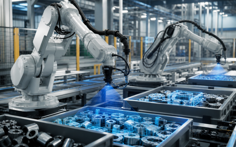 Representative image of AI-powered industrial robots using machine vision to identify and handle complex parts, reflecting Zebra Technologies’ strategic investment in Apera AI and the rising role of 4D Vision in intelligent factory automation.