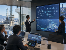 Representative image of executives reviewing AI-enabled industrial operations dashboards, reflecting Accenture and Mitsubishi Chemical’s RIX Business Partners joint venture to modernise corporate workflows, productivity systems, and chemical manufacturing support functions in Japan.