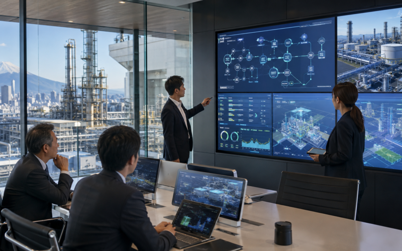 Representative image of executives reviewing AI-enabled industrial operations dashboards, reflecting Accenture and Mitsubishi Chemical’s RIX Business Partners joint venture to modernise corporate workflows, productivity systems, and chemical manufacturing support functions in Japan.
