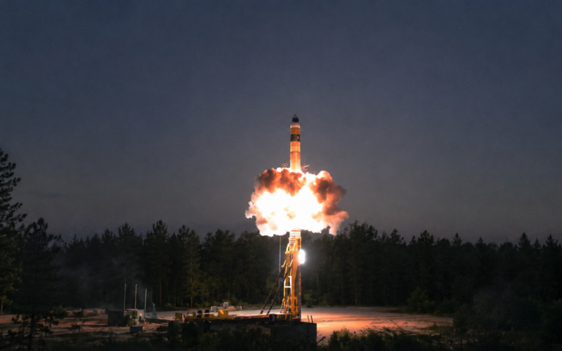 Representative image: A missile launch at dusk highlights India’s advancing strategic weapons capability, as the latest Agni MIRV test draws attention to the country’s long-range deterrence ambitions and evolving defence technology roadmap.