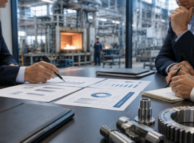 Representative image: Industrial executives review financial charts inside a thermal processing facility, illustrating Apollo Global Management’s proposed Bodycote takeover and the growing private equity focus on undervalued UK industrial stocks.