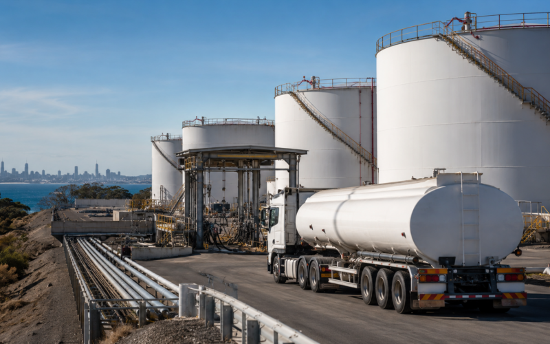 Representative image showing fuel storage tanks and tanker logistics, as Australia’s petrol and diesel reserve release highlights growing energy security risks and supply chain pressure.