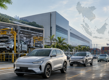 Representative image of electric vehicles moving from a Southeast Asian factory to export logistics, highlighting how BYD Co. Ltd.’s rapid Thailand, Indonesia and Vietnam expansion is reshaping the region’s EV manufacturing race.