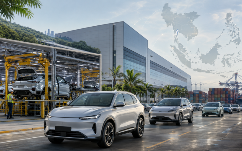 Representative image of electric vehicles moving from a Southeast Asian factory to export logistics, highlighting how BYD Co. Ltd.’s rapid Thailand, Indonesia and Vietnam expansion is reshaping the region’s EV manufacturing race.
