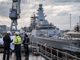 Representative image: Engineers review plans beside a naval vessel under construction, reflecting Babcock International Group’s Type 31 frigate cost challenge, defence execution risk, and broader UK shipbuilding strategy.