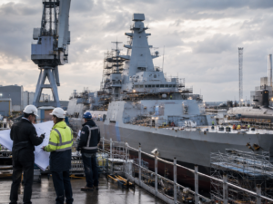 Representative image: Engineers review plans beside a naval vessel under construction, reflecting Babcock International Group’s Type 31 frigate cost challenge, defence execution risk, and broader UK shipbuilding strategy.