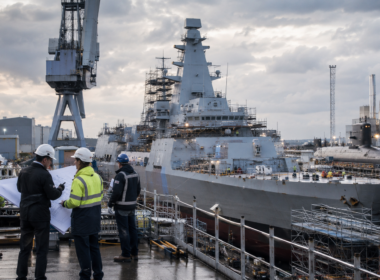 Representative image: Engineers review plans beside a naval vessel under construction, reflecting Babcock International Group’s Type 31 frigate cost challenge, defence execution risk, and broader UK shipbuilding strategy.