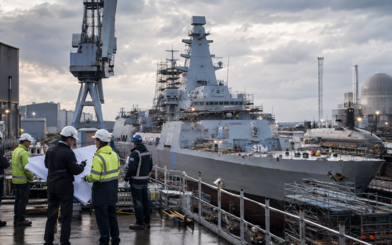 Representative image: Engineers review plans beside a naval vessel under construction, reflecting Babcock International Group’s Type 31 frigate cost challenge, defence execution risk, and broader UK shipbuilding strategy.