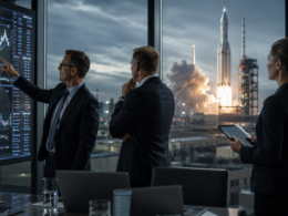 Representative image: Institutional investors assess market charts as a rocket launch unfolds in the background, reflecting BlackRock’s reported multibillion-dollar interest in the SpaceX IPO and the high-stakes valuation test facing public markets.