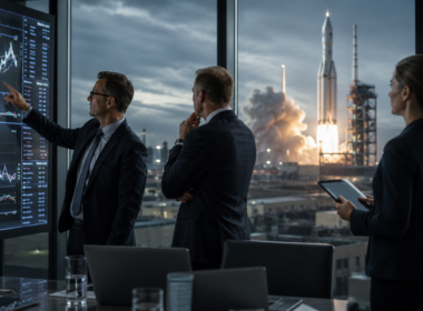 Representative image: Institutional investors assess market charts as a rocket launch unfolds in the background, reflecting BlackRock’s reported multibillion-dollar interest in the SpaceX IPO and the high-stakes valuation test facing public markets.