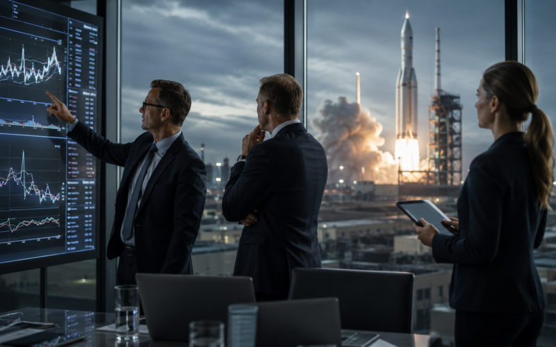 Representative image: Institutional investors assess market charts as a rocket launch unfolds in the background, reflecting BlackRock’s reported multibillion-dollar interest in the SpaceX IPO and the high-stakes valuation test facing public markets.