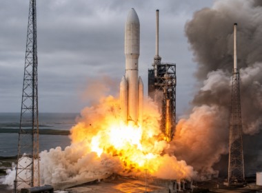 Representative image of a heavy-lift rocket launch incident at a coastal spaceport, reflecting the reliability concerns facing Blue Origin’s New Glenn program as global satellite launch demand accelerates.