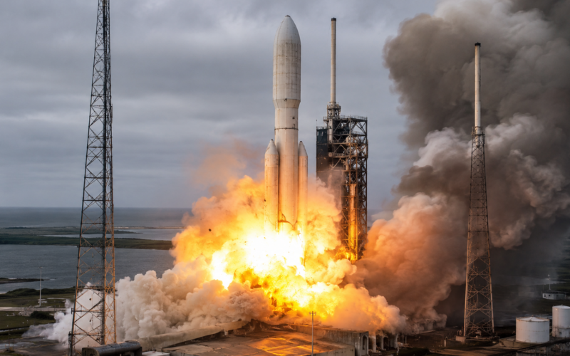 Representative image of a heavy-lift rocket launch incident at a coastal spaceport, reflecting the reliability concerns facing Blue Origin’s New Glenn program as global satellite launch demand accelerates.
