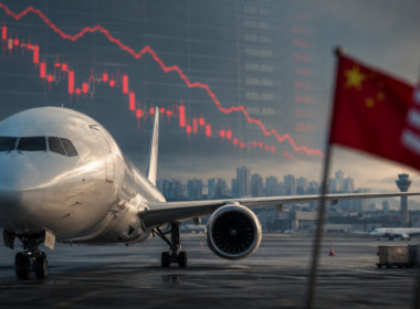 Representative image: A commercial aircraft set against a falling market chart and US-China trade symbolism, reflecting investor concern after Boeing shares dropped following President Donald Trump’s announcement of a smaller-than-expected 200-jet China order.