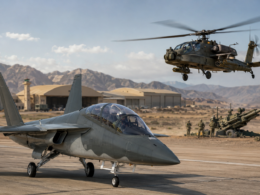 Representative image of a military airfield showing advanced trainer aircraft, attack helicopter support and artillery readiness as Boeing’s $647 million U.S. defense awards strengthen its role in military training and sustainment programs.