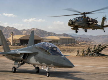 Representative image of a military airfield showing advanced trainer aircraft, attack helicopter support and artillery readiness as Boeing’s $647 million U.S. defense awards strengthen its role in military training and sustainment programs.