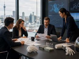 Representative image of venture capital executives reviewing deep-tech investment opportunities, reflecting Bridgewest Ventures’ NZ$60.2 million fund raise to back New Zealand innovation across artificial intelligence, medical technology, advanced materials and clean technology.