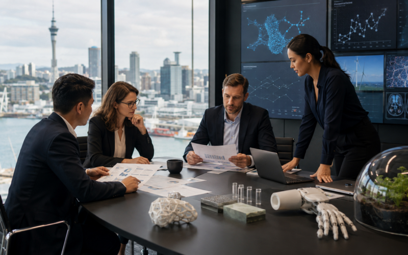 Representative image of venture capital executives reviewing deep-tech investment opportunities, reflecting Bridgewest Ventures’ NZ$60.2 million fund raise to back New Zealand innovation across artificial intelligence, medical technology, advanced materials and clean technology.