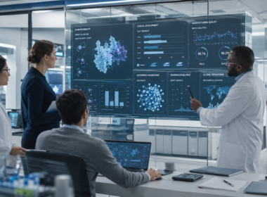 Representative image: Pharma scientists review AI-driven research, clinical and manufacturing dashboards, illustrating how Bristol Myers Squibb’s Claude rollout could reshape enterprise AI workflows across drug discovery, regulatory documentation and biopharma operations.