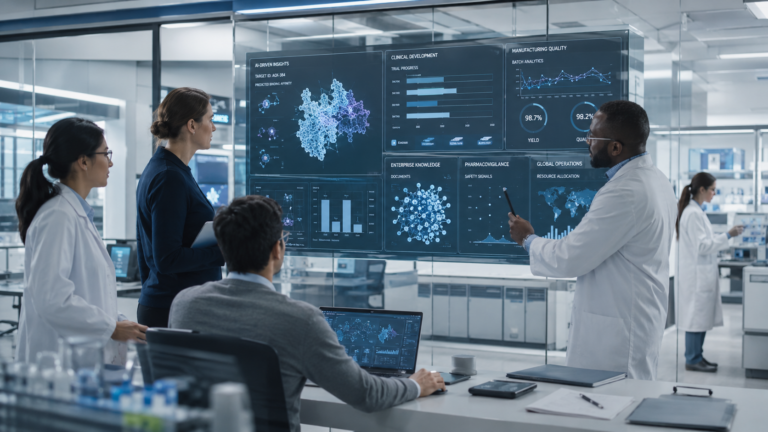 Representative image: Pharma scientists review AI-driven research, clinical and manufacturing dashboards, illustrating how Bristol Myers Squibb’s Claude rollout could reshape enterprise AI workflows across drug discovery, regulatory documentation and biopharma operations.