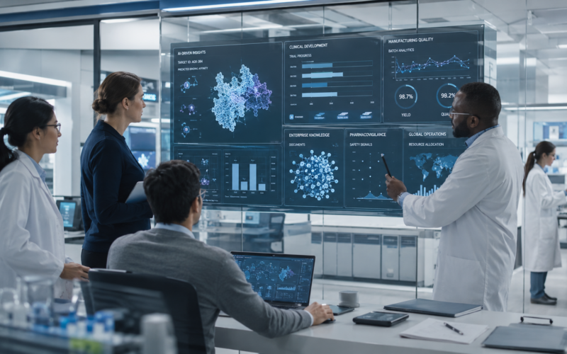 Representative image: Pharma scientists review AI-driven research, clinical and manufacturing dashboards, illustrating how Bristol Myers Squibb’s Claude rollout could reshape enterprise AI workflows across drug discovery, regulatory documentation and biopharma operations.