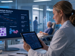 Representative image of an oncology researcher reviewing multiple myeloma clinical trial data, as Bristol Myers Squibb’s mezigdomide results raise hopes for next-generation blood cancer treatment.
