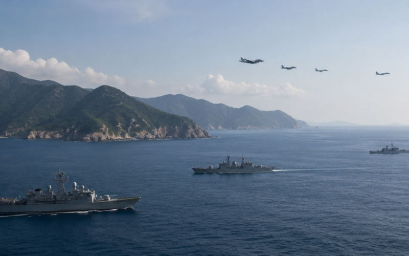 Representative image: Military aircraft and naval vessels near an island coastline illustrate the rising Taiwan Strait security tensions as Taiwan reports renewed Chinese military activity.
