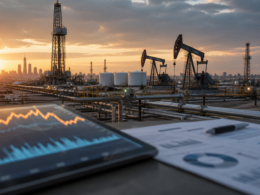 Representative image of an oil and gas production facility with financial charts, reflecting ConocoPhillips’ first-quarter 2026 earnings beat, shareholder returns, and cautious production outlook amid weaker gas pricing and Qatar volume uncertainty.