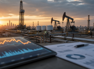 Representative image of an oil and gas production facility with financial charts, reflecting ConocoPhillips’ first-quarter 2026 earnings beat, shareholder returns, and cautious production outlook amid weaker gas pricing and Qatar volume uncertainty.