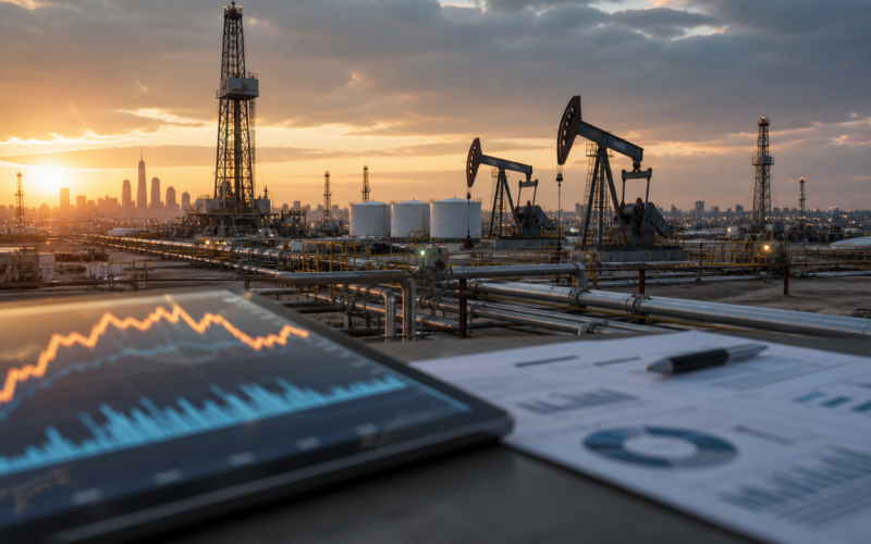 Representative image of an oil and gas production facility with financial charts, reflecting ConocoPhillips’ first-quarter 2026 earnings beat, shareholder returns, and cautious production outlook amid weaker gas pricing and Qatar volume uncertainty.