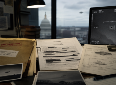 Declassified UFO files, redacted government documents and aerial anomaly imagery illustrate the transparency questions raised by Donald Trump’s release of previously classified UAP records.