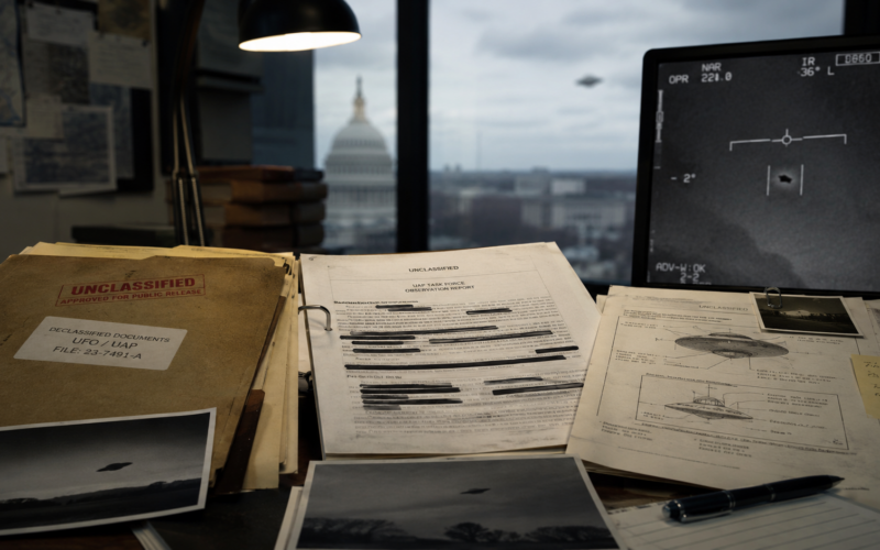 Declassified UFO files, redacted government documents and aerial anomaly imagery illustrate the transparency questions raised by Donald Trump’s release of previously classified UAP records.