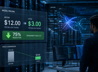 Representative image: A data center dashboard visualizes DeepSeek V4-Pro’s permanent 75% AI model price cut, highlighting how lower inference costs could reshape enterprise AI adoption and intensify competition in the global generative AI market.