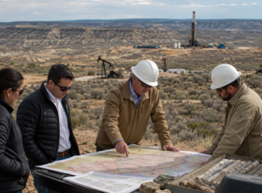 Representative image: Energy sector teams review Delaware Basin maps near an active drilling site, illustrating Matador Resources’ $1.1 billion New Mexico acreage acquisition and the shale inventory race shaping Permian Basin growth.