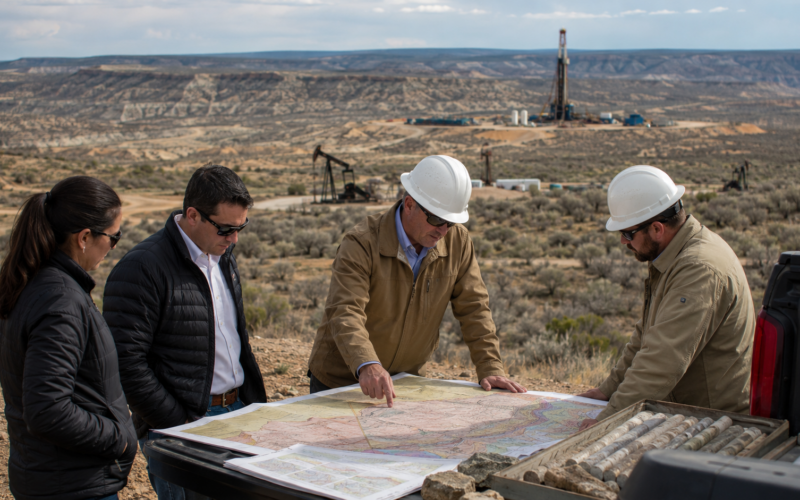 Representative image: Energy sector teams review Delaware Basin maps near an active drilling site, illustrating Matador Resources’ $1.1 billion New Mexico acreage acquisition and the shale inventory race shaping Permian Basin growth.