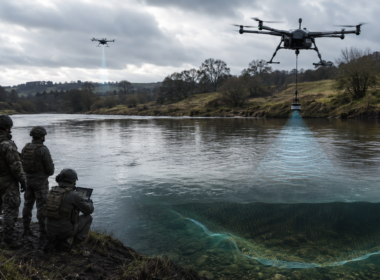 Representative image: Drone-deployed wet gap sensors survey a river crossing from a safe stand-off distance, illustrating how UK Defence Innovation’s Map the Gap Phase 3 competition could help the British Army reduce risk for Royal Engineer reconnaissance teams during opposed water crossings.